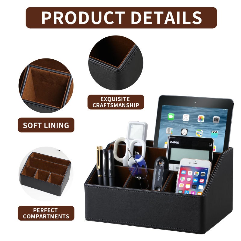 Cretkhp Pu Leather Desk Organizer  Multifunctional Storage Box with 5 Compartments  Office Accessories Pen Pencil Business Name Cards Remote Control Holder (Black) - Image 3